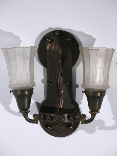 Art Nouveau Sconces with Deep Acid Etched Shades